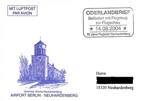 Oderlandbrief: "70 Jahre Flugplatz Neuhardenberg", Ganzstück (Postkarte), SSt.