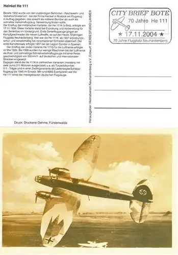Oderlandbrief: "70 Jahre Erstflug des Heinkel He-111", Postkarte, ESSt.