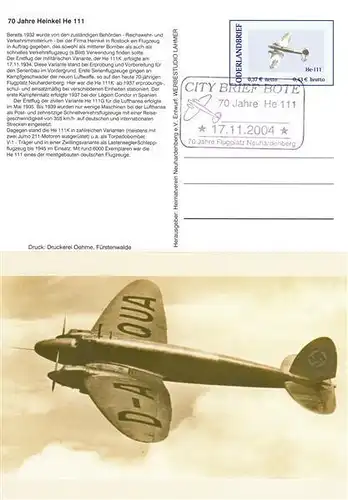Oderlandbrief: MiNr. KB 1, "Erstflug des Heinkel He-111", Ganzsache (FDC), ESSt.