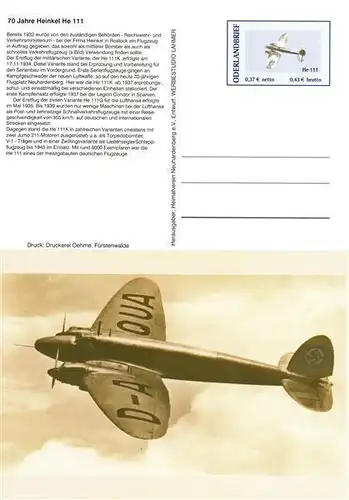 Oderlandbrief: MiNr. KB 1, "Erstflug des Heinkel He-111", Ganzsache, ungebraucht