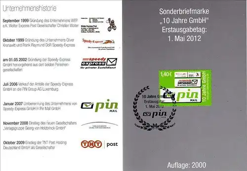 PIN Mail, Woltersdorf: "10 Jahre GmbH", Klappkarte (FDC), Ersttagssonderstempel