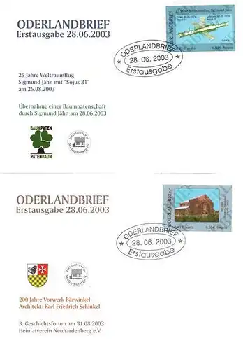 Oderlandbrief: MiNr. 1 B - 2 B, "Weltraumflug / Bärwinkel", FDC, ESSt.