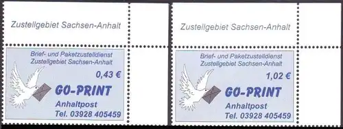 GO-Print: MiNr. 1 - 2, "Brieftaube mit Brief", Satz, Eckrand oben rechts, pfr.