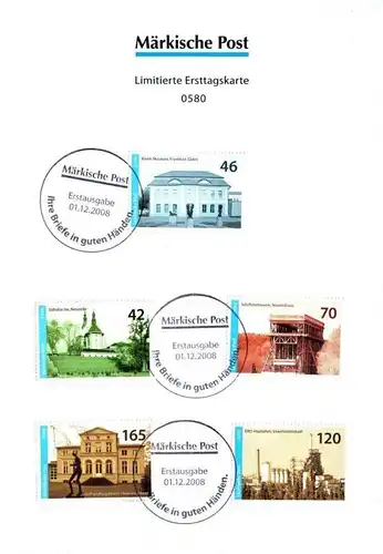 Märkische Post: MiNr. 1 - 5 und MiNr. KE 1, "Sehenswürdigkeiten", Satz, FDC + GA