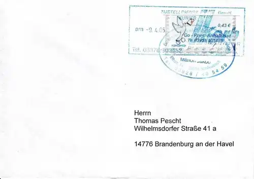 GO-Print: "2. Ausgabe, Brieftaube mit Brief", Wert zu 0,43 EUR, Bedarfsbeleg 1