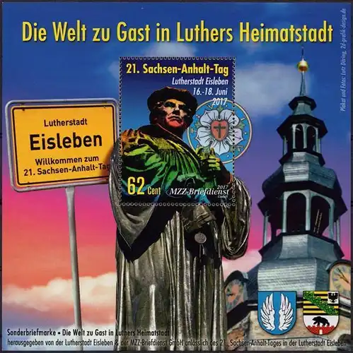 MZZ: MiNr. Bl. 21, "Reformationsjub. 2017: Sachsen-Anhalt-Tag", Satz (Bl.), pfr