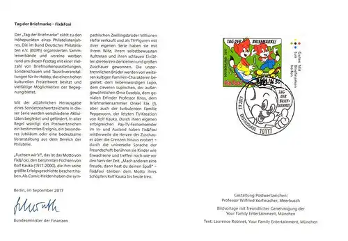 BRD: MiNr. 3301, Ministerkarte "Comicfüchse Fix  & Foxi", ESSt.