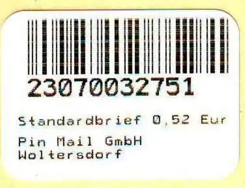 PIN Mail, Woltersdorf: Notmarke vom 10.11.2008 zu 0,52 EUR, postfrisch