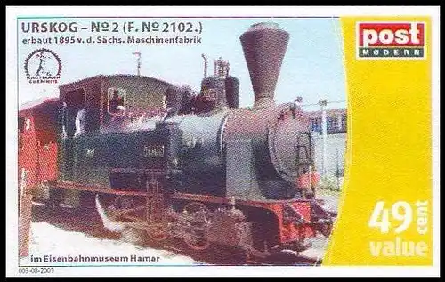 PostModern: "200 J. Hartmann-Lokomotive URSKOG Nr. 2", Wert zu 0,49 EUR, pfr.