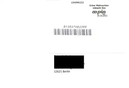 PIN AG: 15.12.2011, "Grüne Weihnachten wünscht PIN Mail", Ganzstück, echt gel.