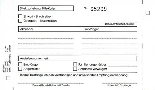 Blitz-Kurier: Formular für Einschreibsendungen, ungebraucht
