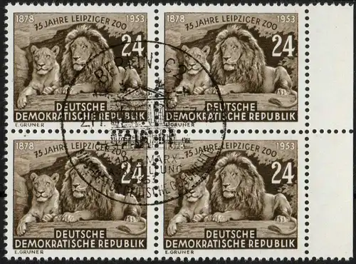 DDR: MiNr. 397 X II, "75 Jahre Leipziger Zoo", geprüft, Viererblock, ESSt.