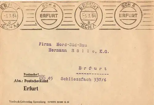 DDR: Umschlag des Postscheckamtes Erfurt: gebührenfreie Beförderung, gelaufen