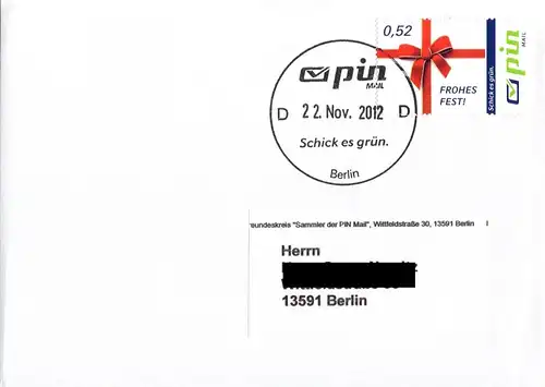 PIN Mail: MiNr. 170, "Weihnachten 2012", Ganzstück (Umschlag), TSt.