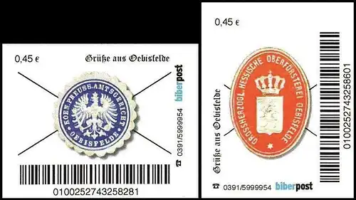 Biberpost: "Grüße aus Oebisfelde: Siegelmarken", Satz (0,45 EUR), pfr.