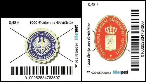 Biberpost: "Grüße aus Oebisfelde: Siegelmarken", Satz (0,48 EUR), pfr.