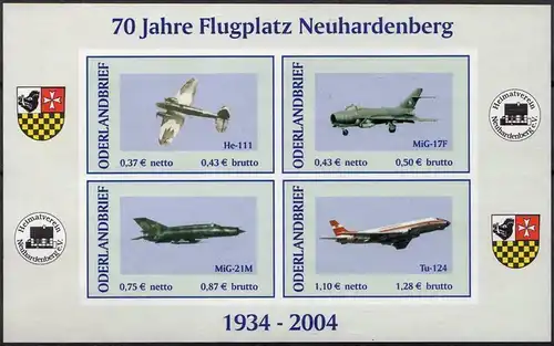 Oderlandbrief: MiNr. 3 B - 4 B, "70 Jahre Flugplatz Neuhardenberg", Block, pfr.