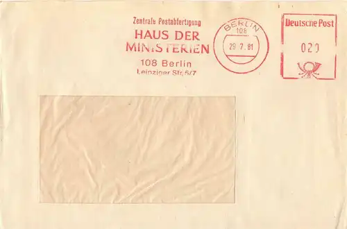 DDR - Dienstpost: "Postabfertigung, Haus der Ministerien", Ganzstück, echt gel.