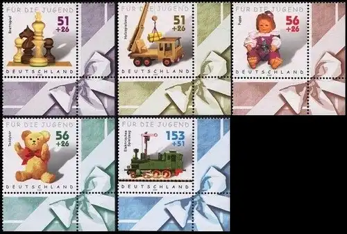 BRD: MiNr. 2260 - 2264, "Jugend: Kinderspielzeug", Eckrand, pfr.