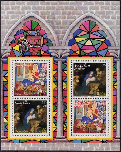 Spanien: MiNr. 3671 - 3672 I Bl. 102, 08.11.2001, "Weihnachten: Gemälde", pfr.