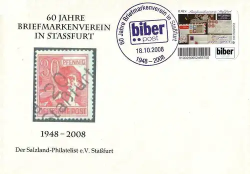 Biberpost: "60 Jahre Briefmarkenverein Staßfurt", Satz, Typ V, Sonderbeleg