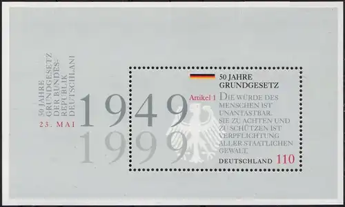 BRD: MiNr. 2050 Bl. 48, "50 Jahre Grundgesetz", Block, postfrisch