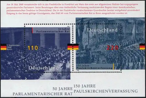 BRD: MiNr. 1986 - 1987 Bl. 43, "Parlament. Rat, Paulskirchenverf.", Block, pfr.