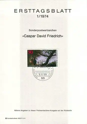 BRD: MiNr. 815, "Caspar David Friedrich", Ersttagsblatt (ETB), ESSt.