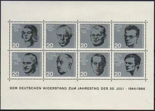 BRD: MiNr. 431 - 438 Bl. 3, "20. Jahrestag des Attentats auf Hitler", Block, pfr