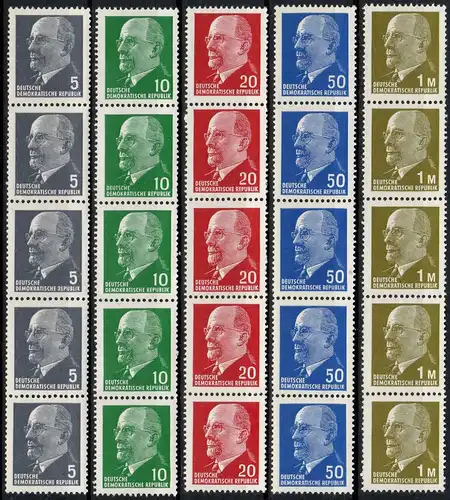 DDR: 1961, 1963, 1970, "Walter Ulbricht, 5 x Rollenstreifen, postfrisch