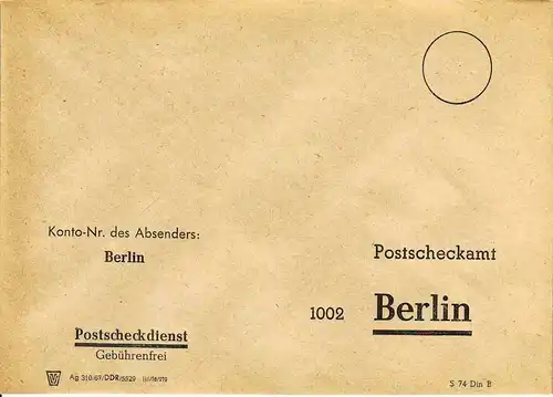 DDR: Postscheckdienst 1002 Berlin, gebührenfreie Beförderung, ungeraucht