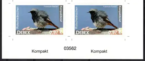 DEBEX: "Vögel: Rotschwänzchen", Wert zu 0,97 EUR, Bogennummer, pfr.