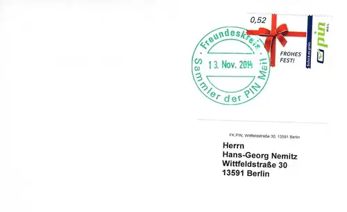 PIN Mail: MiNr. 170, "Weihnachten 2012", Ganzstück, SSt.