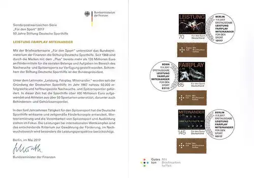 BRD: MiNr. 3307 - 3309, Ministerkarte "50 Jahre Deutsche Sporthilfe", ESSt.