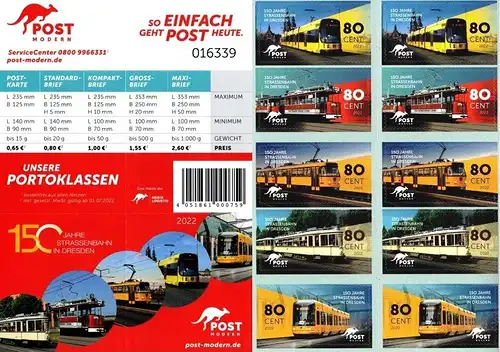 PostModern: "150 Jahre Straßenbahn Dresden", Markenheftchen, postfrisch