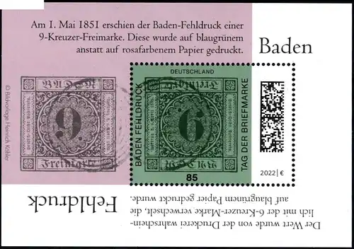 BRD: MiNr. 3719, "Tag der Briefmarke: Baden-Fehldruck", Block 90, pfr.