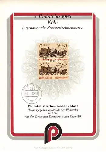 DDR: MiNr. 2965 - 2966, 10.09.1985, "5. Philatelia, Köln", Gedenkblatt, Stempel