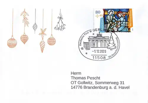 BRD: MiNr. 3571, "Weihnachten 2020", Ganzstück (Umschlag), SSt.