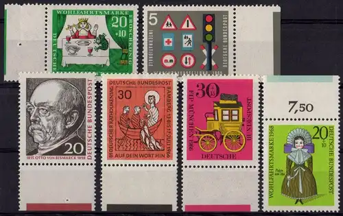 BRD: LOT mit 6 verschiedenen Briefmarken (Rand mit Bogenrandmarkierung), pfr.