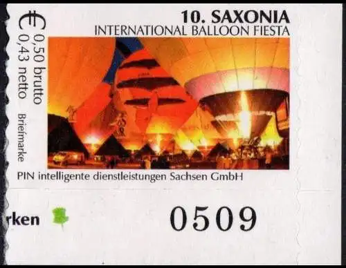PIN Sachsen: MiNr. 6, "10. SAXONIA, Ballon Fiesta", Satz, Bogennummer, pfr.