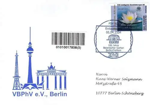 PIN AG: MiNr. 37, 14.06.2004, "100 Jahre Botanischer Garten", Wert zu 0,48 EUR,