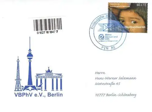 PIN AG: MiNr. 73, "Aktion Deutschland Hilft", Satz, FDC (2), ESSt.