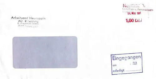 Gebühr-bezahlt-Beleg mit rotem Stempel "Neuruppin / 14. MAI 1991 / 1,00 DM", GK