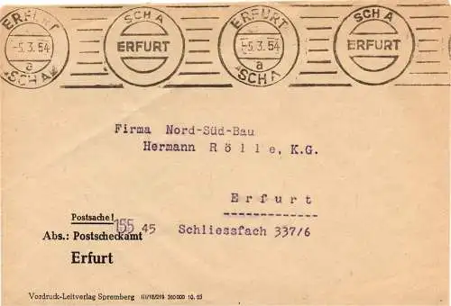 DDR: 1954, "Postsache des Postscheckamtes Erfurt", gebr.