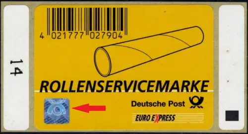 BRD: MiNr. RSM 1, Zusatzmarke "Rollenservicemarke", Hologramm kopfstehend, pfr.