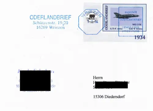 Oderlandbrief: MiNr. 5 A, "70 Jahre Flugplatz Neuhardenberg: MiG-21M", GS, TSt.