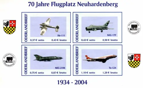 Oderlandbrief: MiNr. 3 B - 6 B Bl. 1 B, "70 Jahre Flugplatz Neuhardenberg", pfr.