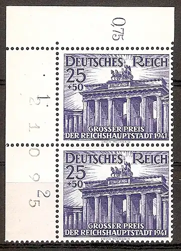 Deutsches Reich 803 ** Großer Preis der Reichshauptstadt , Berlin Hoppegarten 1941 - Senkrechtes Paar / Bogenzähler / Eckrand RRR ! (2015713)