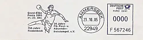 Freistempel F567246 Ammersbek - 20 Jahre Forschungsgemeinschaft Post- und Absenderfreistempel e. V. (Abb. Handballspieler) (#244)