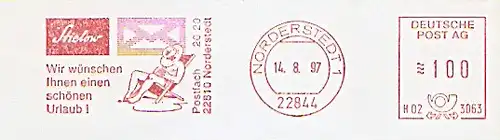 Freistempel H02 3063 Norderstedt - Stielow / Wir wünschen Ihnen einen schönen Urlaub ! (Abb. Mann im Liegestuhl) (#308)